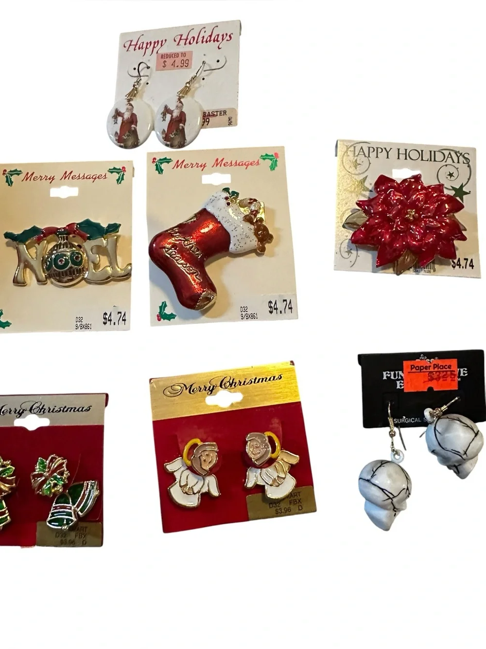 Vintage Christmas Jewelry Lot Deadstock Pin Brooch Santa Angel Skull Earrings